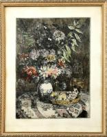 Váci András (1928-1989): Őszi virágok. Rézkarc, papír, jelzett. Dekoratív üvegezett fa keretben. Lapszéli apró foltokkal. 38×29 cm