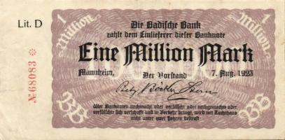 Német Birodalom/Weimari Köztársaság/Mannheim/Badische Bank 1923.8.7. 1000.000M (19x) mind klf betűje...