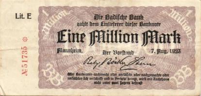 Német Birodalom/Weimari Köztársaság/Mannheim/Badische Bank 1923.8.7. 1000.000M (19x) mind klf betűje...