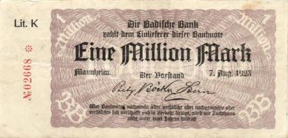 Német Birodalom/Weimari Köztársaság/Mannheim/Badische Bank 1923.8.7. 1000.000M (19x) mind klf betűje...