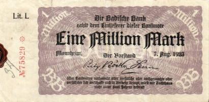 Német Birodalom/Weimari Köztársaság/Mannheim/Badische Bank 1923.8.7. 1000.000M (19x) mind klf betűje...