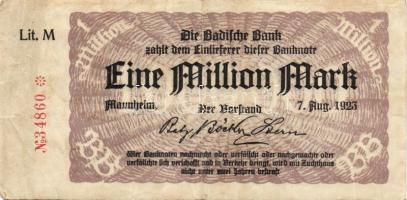 Német Birodalom/Weimari Köztársaság/Mannheim/Badische Bank 1923.8.7. 1000.000M (19x) mind klf betűje...
