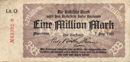 Német Birodalom/Weimari Köztársaság/Mannheim/Badische Bank 1923.8.7. 1000.000M (19x) mind klf betűje...
