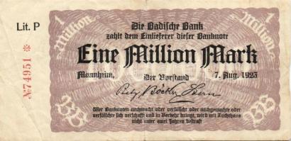 Német Birodalom/Weimari Köztársaság/Mannheim/Badische Bank 1923.8.7. 1000.000M (19x) mind klf betűje...