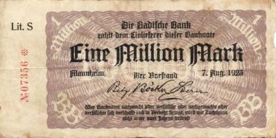 Német Birodalom/Weimari Köztársaság/Mannheim/Badische Bank 1923.8.7. 1000.000M (19x) mind klf betűje...