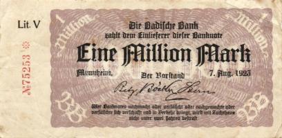 Német Birodalom/Weimari Köztársaság/Mannheim/Badische Bank 1923.8.7. 1000.000M (19x) mind klf betűje...