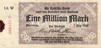 Német Birodalom/Weimari Köztársaság/Mannheim/Badische Bank 1923.8.7. 1000.000M (19x) mind klf betűje...