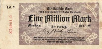 Német Birodalom/Weimari Köztársaság/Mannheim/Badische Bank 1923.8.7. 1000.000M (19x) mind klf betűje...