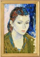 Jelzés nélkül: Fiatal nő portréja. Olaj, farost. Dekoratív fa keretben, 48x31,5 cm
