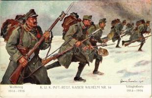 K.u.k. Inft-Regt. Kaiser Wilhelm Nr. 34. Weltkrieg 1914-1916. Farben-Klischee A. Krampolek. Verlag K.u.k. Kmdo. der 27. Inf. Trp. Dion. / A tiszta jövedelem a Kárpátokban elpusztított falvak újjáépítésére és a második hadsereg legénységi özvegyei és árvái alapítványra fordíttatik / WWI Austro-Hungarian military art s: Hans Larwin