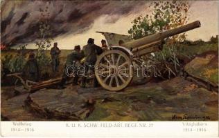 K.u.k. Schw. Feld-Art. Rergt. Nr. 27. Weltkrieg 1914-1916. Farben-Klischee A. Krampolek. Verlag K.u.k. Kmdo. der 27. Inf. Trp. Dion. / A tiszta jövedelem a Kárpátokban elpusztított falvak újjáépítésére és a második hadsereg legénységi özvegyei és árvái alapítványra fordíttatik / WWI Austro-Hungarian military art s: Hans Larwin