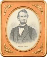 Abraham Lincoln portréja, fametszet, papír, jelzés nélkül. Dekoratív, virágdíszes, üvegezett biedermeier fa keretben. 30x24 cm