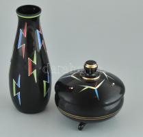 Retró váza és bonbonnier, zománc festett hialitüveg, apró csorba. m: 11 és 18 cm