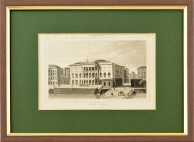 cca 1840-1850 Théátre á Pesth (régi Nemzeti színház), a nyomaton jelzett, paszpartuban, üvegezett fa keretben, 14x9 cm