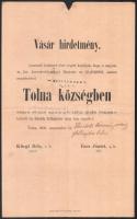 1903 Tolna, vásár hirdetmény országos pótvásárról, Mecskére postázva, hajtásnyommal, lap tetején kisebb sérüléssel