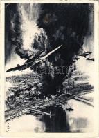 Német zuhanóbombázók az angol fegyvergyárak és kikötőberendezések ellen indított támadásnál / WWII Nazi Germany military art postcard, bombers. artist signed (fa)