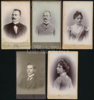 cca 1880-1900 5 db keményhátú fotó erdélyi (Kolozsvár, Nagyszeben, Petrozsény) műtermekből, 10,5×6,5 cm