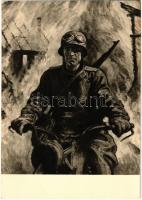 Kradmelder. Ausstellung Deutsche Künstler und die SS / WWII German military art postcard, NSDAP German Nazi Party propaganda, soldier with motorcycle s: Otto Engelhardt-Kyffhäuser