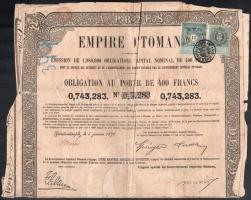 1870 1 forint (gulden) és 25 krajcár okmánybélyeg, oszmán birodalom által kibocsátott államkötvényen, sérült, foltos, hajtott, 46,5x29 cm