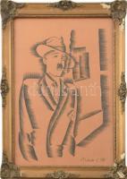 Molnár C. Pál jelzéssel: Kalapos férfi portréja. Szén, papír. Üvegezett, sérült keretben. 36x28 cm