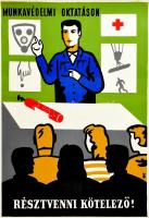 cca 1960-1980 Munkavédelmi oktatáson résztvenni kötelező! Retró plakát, laminált karton, Iparművészeti Vállalat jelzésével, 68,5x49,5 cm