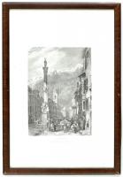 Innsbruck látképe, acélmetszet, jelzés nélkül, Karlsruhe, W. Creuzbauer, üvegezett fa keretben, 13x10 cm, keret: 26x18 cm