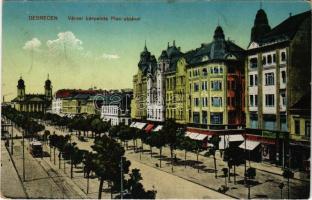 1919 Debrecen, Városi bérpalota Piac utcával, üzletek, villamos