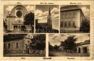 1949 Bátaszék, Uránia mozi, Római katolikus templom, Általános iskola, Posta, utca, üzlet (gyűrődés / crease)