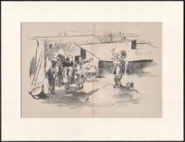 Gedő Lipót (1887-1952): Macskazene. Litográfia, papír, jelzett a nyomaton, hajtva, paszpartuban 16x26 cm