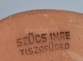 Tiszafüredi népi kerámia, komám asszony butella, színes mázakkal festett kerámia, jelzett, kopott, m...