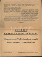 1945 Magyar Radikális Párt programja, 4 számozatlan oldal, szakadással.