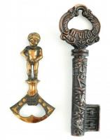Réz dugóhúzó és sörnyitó, kulcs formájú (szétcsavarható) és figurális pisilő kisfiú, h: 13 cm, 9 cm