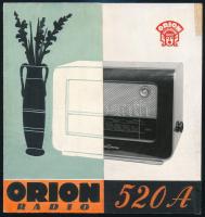 cca 1955 Orion Radio 520A kihajtható reklám prospektus terv. Tempera, ceruza, kollázs, papír, jelzés nélkül. Feltehetően német piacra készült (Technische Daten felirattal), egyik sarkában kisebb folttal, máskülönben jó állapotban, 14,5×21 cm
