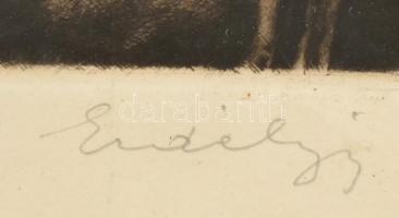 Erdélyi jelzéssel: Vízparti táj. Rézkarc, papír, 3/50, Üvegezett fakeretben. 18x23 cm