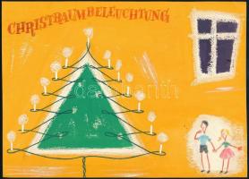 cca 1940-1950 Karácsonyi égők, 4 db reklám vagy plakát terv. Tempera, ceruza, papír, jelzés nélkül, feltehetően mind vagy részben Börtsök László (?-?) grafikus munkái. Német nyelvű felirattal (Christbaumbeleuctung), valószínűleg német exportra készülhetett. 18,5×26 cm körüli méretekben