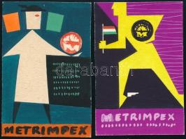 cca 1960 Metrimpex reklám terv, 2 db. Tempera, papír. Jelzés nélkül. Hátoldalán ragasztás nyomaival. 9x6 cm.