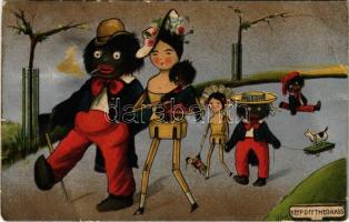 Keep off the grass Black people with wooden dolls. Metallic foil art postcard (Rb)