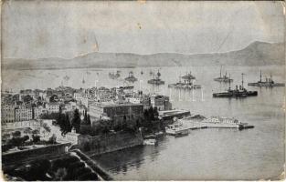 Corfu, Corfou; Vue panoramique de Port / port with battleships(Rb)