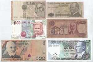 6db-os európai bankjegytétel, közte Törökország ND (1993-1995) 10.000L T:II-III 6pcs European banknote lot, within Turkey ND (1993-1995) 10.000 Lirasi C:XF-F