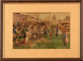 Holló Alajos(1876-1963): Vásári forgatag. Akvarell, papír, jelzett. Üvegezett, kissé sérült fa keretben. 18×28 cm