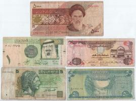 5xklf arab bankjegytétel, benne Irak, Egyesült Arab Emirátusok, Irán, Szaúd-Arábia, Tunézia T:III,III- 5xdiff Arabic banknote lot, within Iraq, United Arab Emirates, Iran, Saudi-Arabia, Tunisia C:F,VG