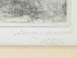 Almásy Aladár (1946-): Nagyfotel mellé ülő Honeggerné, 1996. Rézkarc, papír, jelzett, számozott (17/...