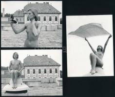 cca 1979 A tetőfedő asszonykája, Menesdorfer Lajos (1941-2005) budapesti fotóművész hagyatékából, 3 db jelzés nélküli vintage fotó, az aktfényképezés műfajából, 9x12 cm