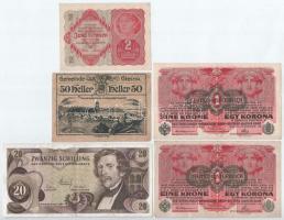 Ausztria 1916. 1K (2x) zöld DEUTSCHÖSTERREICH bélyegzéssel + 1920. 50h szükségpénz + 1922. 2K + 1967. 20Sch T:II-III Austria 1916. 1 Krone (2x) with DEUTSCHÖSTERREICH overprint + 1920. 50 Heller necessity note notgeld + 1922. 2 Kronen + 1967. 20 Schilling C:XF-F