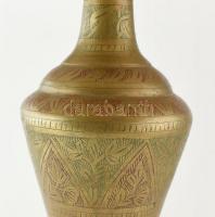 Asztali lámpa. Réz és fa test, festett pergamen burával. 63 cm