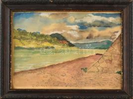 Jelzés nélkül: Vízparti táj. Akvarell, tus, papír. Üvegezett fa keretben, 29×39 cm.