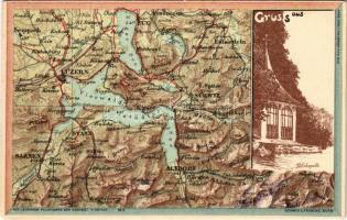 Seelisberg, Gruss aus Tellskapelle / chapel, Swiss map. Aus Leuzinger Reliefkarte der Schweiz No. 9. Schmid & Francke. Lith. H. & A.Kümmerly & Frey (Bern) litho