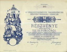 1938. "Váradegyházmegyei Takarákpénztár Részvénytársaság,Debrecen" részvénye 10P-ről, szevényekkel