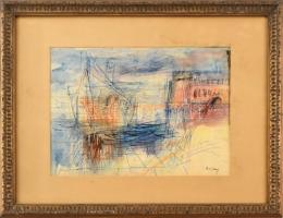 Bozóky Mária (1917-1996): Kikötő. Akvarell, ceruza, golyóstoll, papír, jelzett. Dekoratív üvegezett fa keretben, 21×28,5 cm
