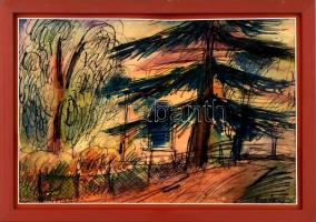 Bozóky Mária (1917-1996): Kertek alja. Akvarell, tus, papír, jelzett. Fa keretben, 27×40 cm